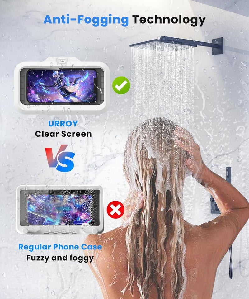 URROY Shower Phone Holder Waterproof One-Touch Open Shower Phone Case Anti-Fog & Sensitive Touchscreen Bathroom Wall Phone Mount Stand Universal Fit for iPhone & Smartphones Gift for Men Women White - Image 3